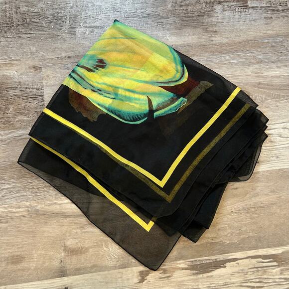 Vintage Tropical Fish Print Scarf by LeJeune | 90s Sheer Black 45x60 Sea Life - Picture 8 of 10